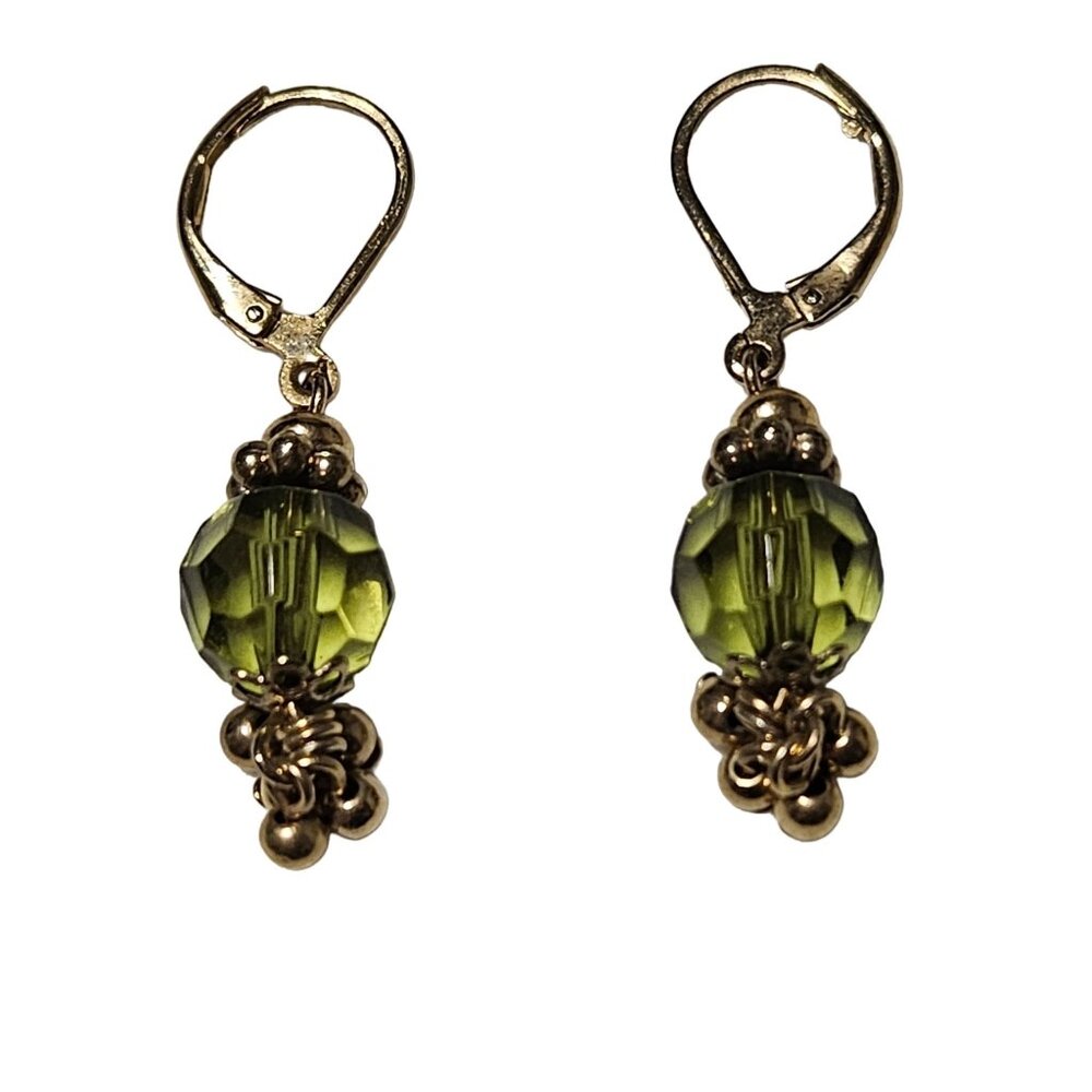 Retro 70s Handmade Dangle Earrings Gold Green Beaded Boho Fashion Jewelry Women
